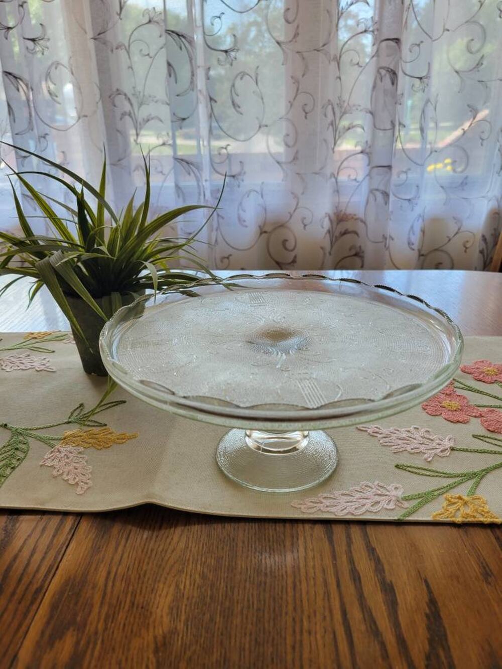 Vintage Jeannette Glass Harp Pedestal Cake Stand 10 Inch Clear Lyre Cake Plate